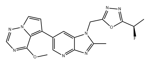 1H-Imidazo[4,5-b]pyridine, 1-[[5-[(1R)-1-fluoroethyl]-1,3,4-oxadiazol-2-yl]methyl]-6-(4-methoxypyrrolo[2,1-f][1,2,4]triazin-5-yl)-2-methyl- 구조식 이미지