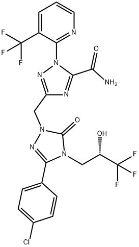 1H-1,2,4-Triazole-5-carboxamide, 3-[[3-(4-chlorophenyl)-4,5-dihydro-5-oxo-4-[(2S)-3,3,3-trifluoro-2-hydroxypropyl]-1H-1,2,4-triazol-1-yl]methyl]-1-[3-(trifluoromethyl)-2-pyridinyl]- Structure