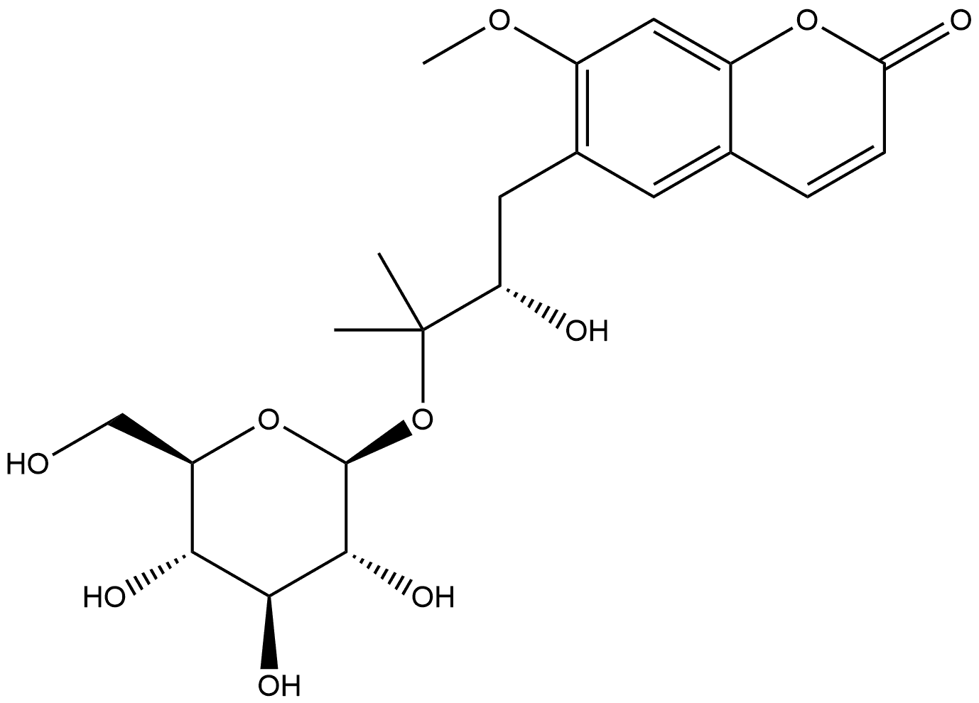 6-[(2S)-3-(β-D-Glucopyranosyloxy)-2-hydroxy-3-methylbutyl]-7-methoxy-2H-1-benzopyran-2-one 구조식 이미지