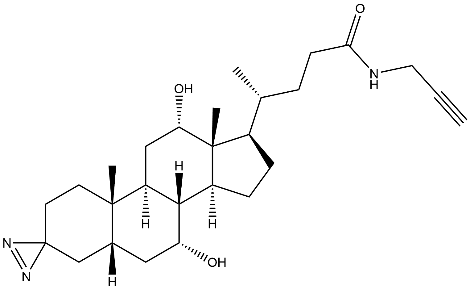 Spiro[cholane-3,3'-[3H]diazirin]-24-amide, 7,12-dihydroxy-N-2-propyn-1-yl-, (5β,7α,12α)- Structure