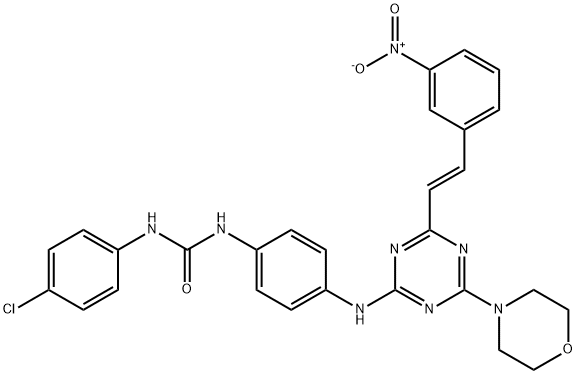 (E)-1-(4-chlorophenyl)-3-(4-((4-morpholino-6-(3-nitrostyryl)-1,3,5-triazin-2-yl)amino)phenyl)urea Structure