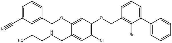 Benzonitrile, 3-[[5-[(2-bromo[1,1'-biphenyl]-3-yl)methoxy]-4-chloro-2-[[(2-hydroxyethyl)amino]methyl]phenoxy]methyl]- Structure