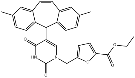 2-Furancarboxylic acid, 5-[[5-(2,8-dimethyl-5H-dibenzo[a,d]cyclohepten-5-yl)-3,4-dihydro-2,4-dioxo-1(2H)-pyrimidinyl]methyl]-, ethyl ester Structure