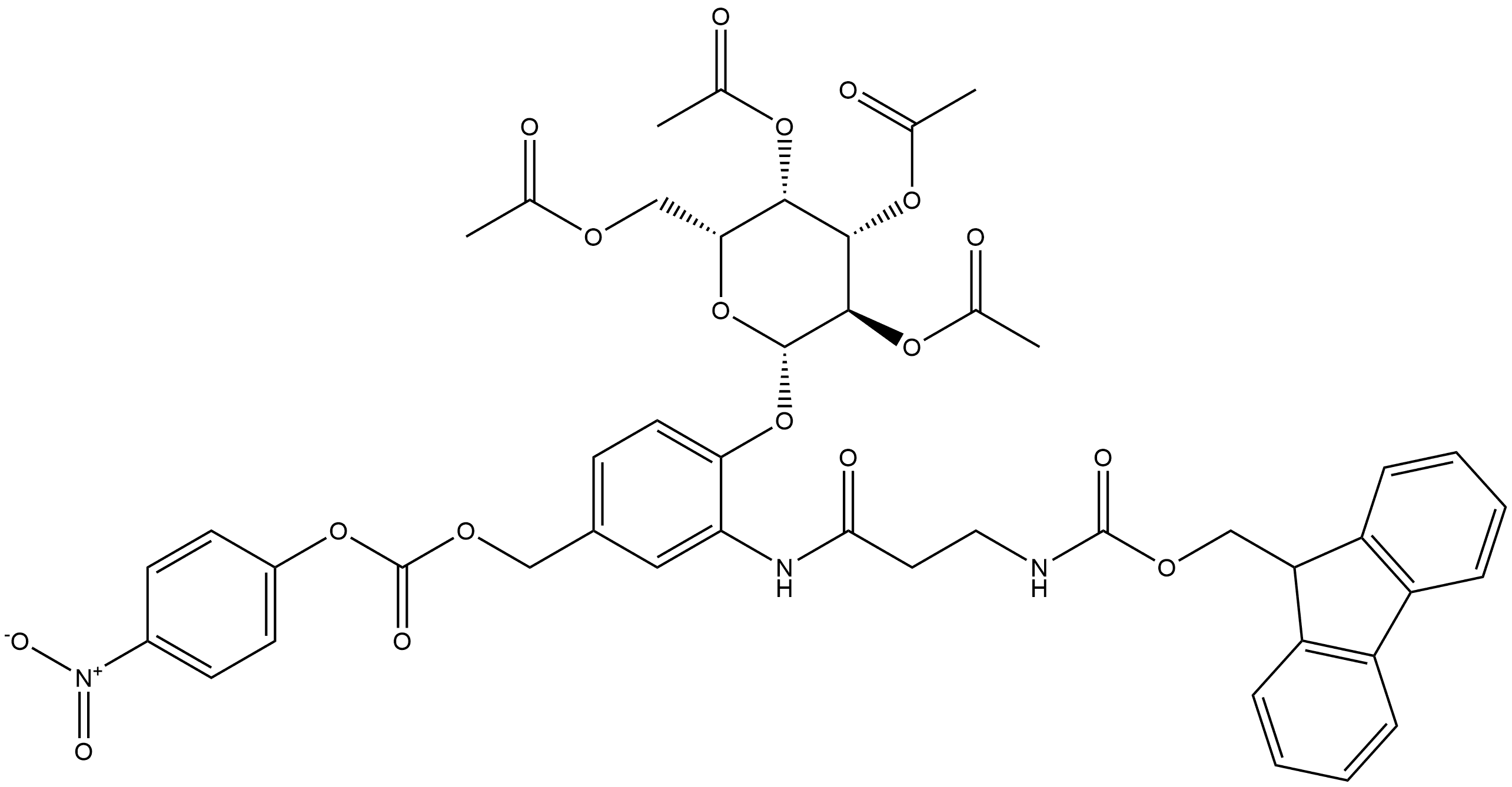 Carbamic acid, N-[3-[[5-[[[(4-nitrophenoxy)carbonyl]oxy]methyl]-2-[(2,3,4,6-tetra-O-acetyl-β-D-galactopyranosyl)oxy]phenyl]amino]-3-oxopropyl]-, 9H-fluoren-9-ylmethyl ester Structure