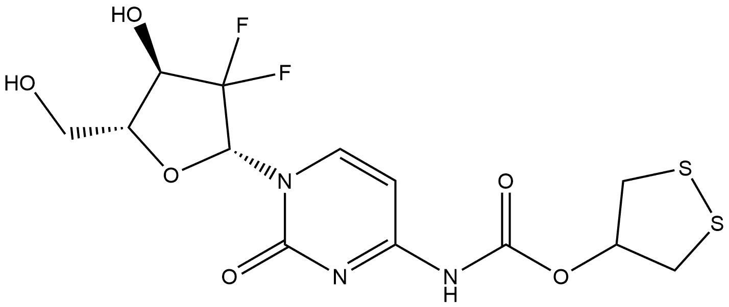 1,2-Dithiolan-4-yl N-[1-(2-deoxy-2,2-difluoro-β-D-erythro-pentofuranosyl)-1,2-dihydro-2-oxo-4-pyrimidinyl]carbamate Structure