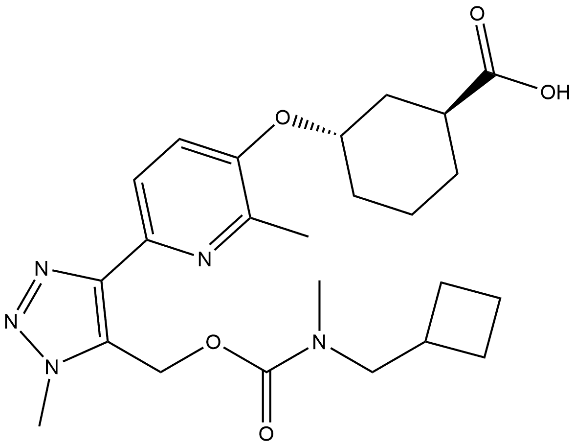 Cyclohexanecarboxylic acid, 3-[[6-[5-[[[[(cyclobutylmethyl)methylamino]carbonyl]oxy]methyl]-1-methyl-1H-1,2,3-triazol-4-yl]-2-methyl-3-pyridinyl]oxy]-, (1S,3S)- Structure