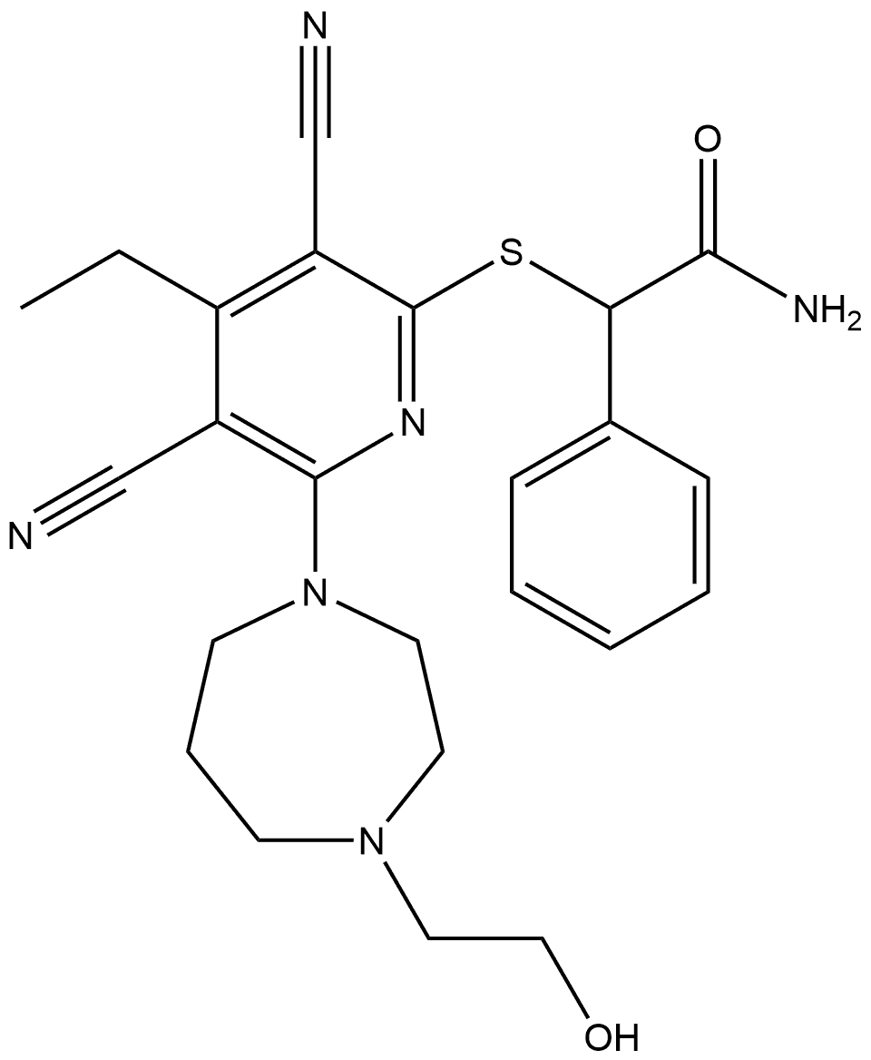 α-[[3,5-Dicyano-4-ethyl-6-[hexahydro-4-(2-hydroxyethyl)-1H-1,4-diazepin-1-yl]-2-pyridinyl]thio]benzeneacetamide 구조식 이미지