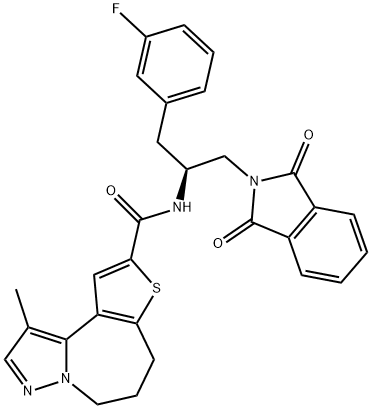 5H-Pyrazolo[1,5-a]thieno[3,2-c]azepine-9-carboxamide, N-[(1S)-1-[(1,3-dihydro-1,3-dioxo-2H-isoindol-2-yl)methyl]-2-(3-fluorophenyl)ethyl]-6,7-dihydro-1-methyl- Structure