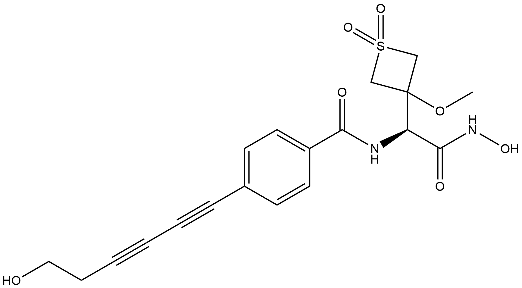 3-Thietaneacetamide, N-hydroxy-α-[[4-(6-hydroxy-1,3-hexadiyn-1-yl)benzoyl]amino]-3-methoxy-, 1,1-dioxide, (αS)- Structure