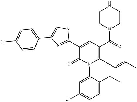 1-(5-Chloro-2-ethylphenyl)-3-[4-(4-chlorophenyl)-2-thiazolyl]-6-(2-methyl-1-propen-1-yl)-5-(1-piperazinylcarbonyl)-2(1H)-pyridinone Structure