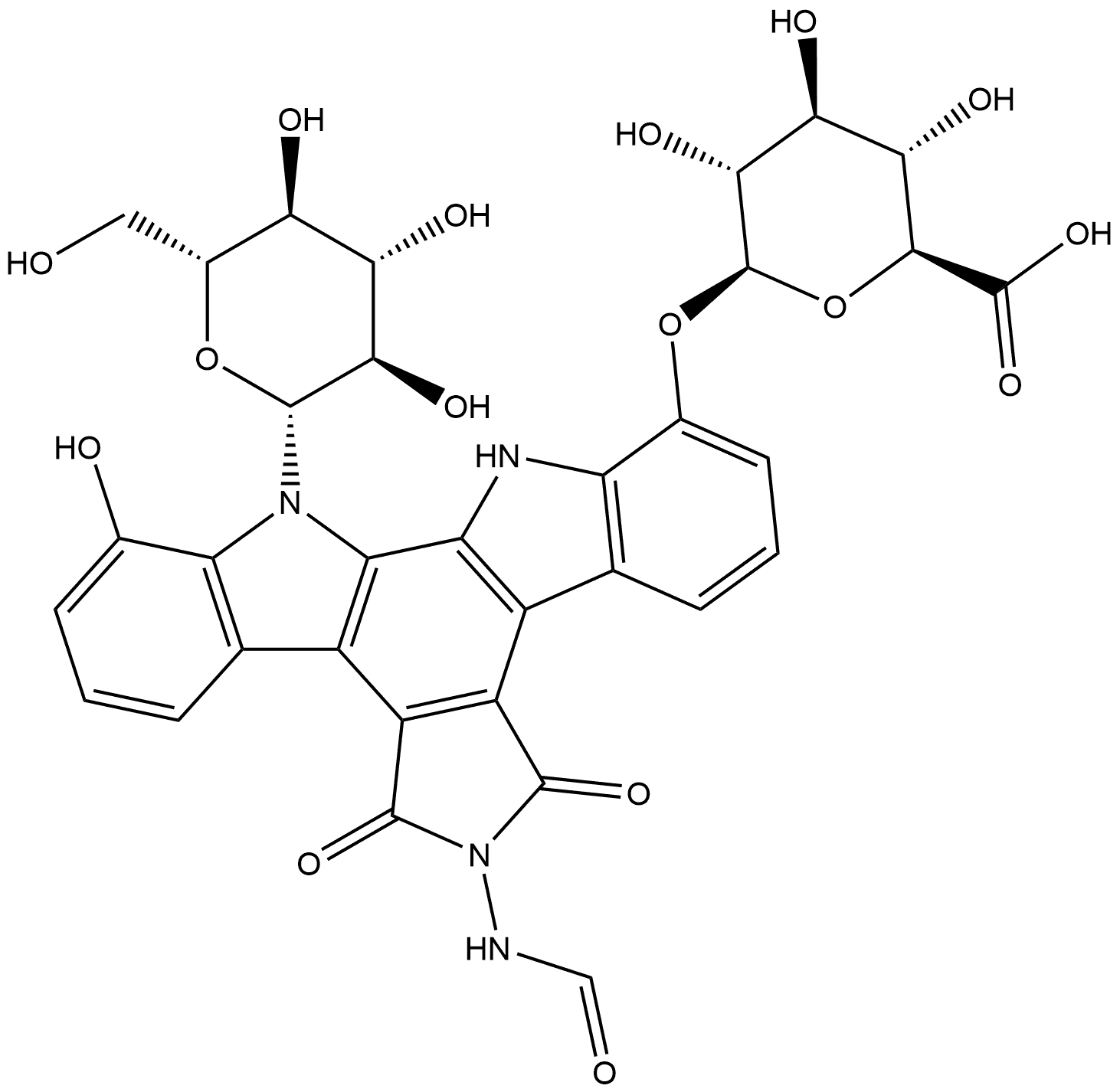 β-D-Glucopyranosiduronic acid, 6-(formylamino)-12-β-D-glucopyranosyl-6,7,12,13-tetrahydro-11-hydroxy-5,7-dioxo-5H-indolo[2,3-a]pyrrolo[3,4-c]carbazol-1-yl Structure