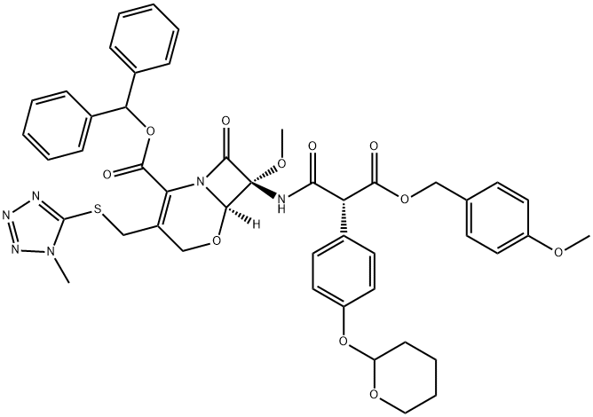 5-Oxa-1-azabicyclo[4.2.0]oct-2-ene-2-carboxylic acid, 7-methoxy-7-[[(2R)-3-[(4-methoxyphenyl)methoxy]-1,3-dioxo-2-[4-[(tetrahydro-2H-pyran-2-yl)oxy]phenyl]propyl]amino]-3-[[(1-methyl-1H-tetrazol-5-yl)thio]methyl]-8-oxo-, diphenylmethyl ester, (6R,7R)- 구조식 이미지