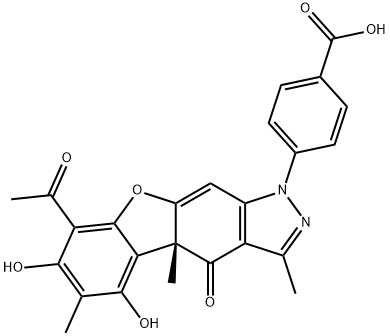 Benzoic acid, 4-[(4aR)-8-acetyl-4,4a-dihydro-5,7-dihydroxy-3,4a,6-trimethyl-4-oxo-1H-benzofuro[3,2-f]indazol-1-yl]- Structure