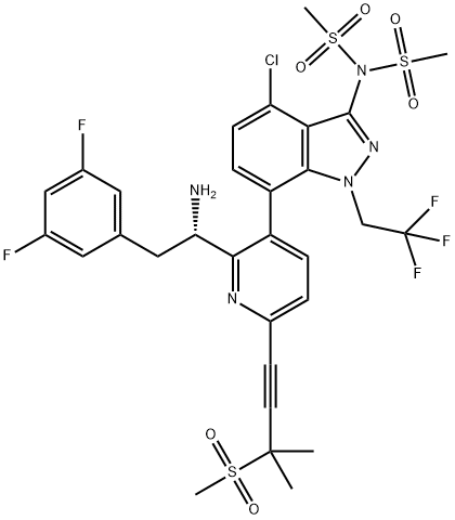 Methanesulfonamide, N-[7-[2-[(1S)-1-amino-2-(3,5-difluorophenyl)ethyl]-6-[3-methyl-3-(methylsulfonyl)-1-butyn-1-yl]-3-pyridinyl]-4-chloro-1-(2,2,2-trifluoroethyl)-1H-indazol-3-yl]-N-(methylsulfonyl)- Structure