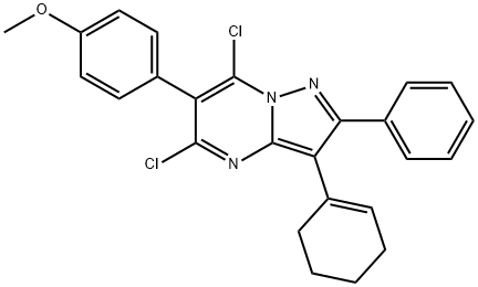5,7-dichloro-3-(cyclohex-1-en-1-yl)-6-(4-methoxyphenyl)-2-phenylpyrazolo[1,5-a]pyrimidine 구조식 이미지