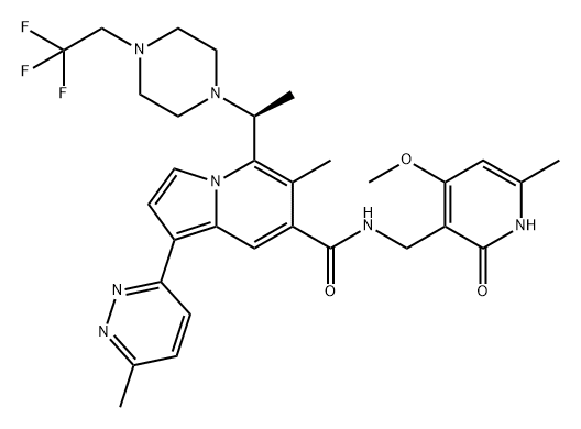 7-Indolizinecarboxamide, N-[(1,2-dihydro-4-methoxy-6-methyl-2-oxo-3-pyridinyl)methyl]-6-methyl-1-(6-methyl-3-pyridazinyl)-5-[(1S)-1-[4-(2,2,2-trifluoroethyl)-1-piperazinyl]ethyl]- Structure