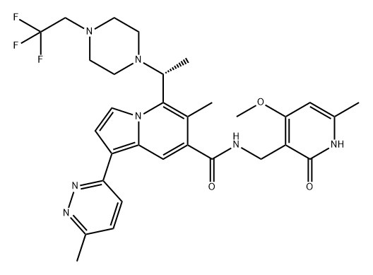 7-Indolizinecarboxamide, N-[(1,2-dihydro-4-methoxy-6-methyl-2-oxo-3-pyridinyl)methyl]-6-methyl-1-(6-methyl-3-pyridazinyl)-5-[(1R)-1-[4-(2,2,2-trifluoroethyl)-1-piperazinyl]ethyl]- Structure