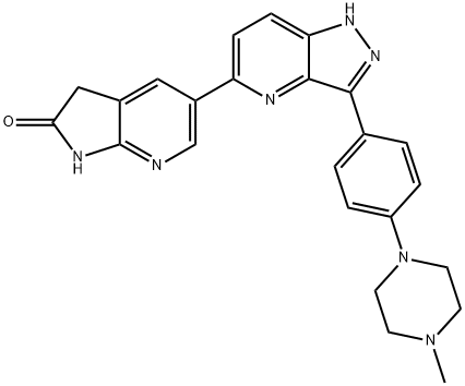 2H-Pyrrolo[2,3-b]pyridin-2-one, 1,3-dihydro-5-[3-[4-(4-methyl-1-piperazinyl)phenyl]-1H-pyrazolo[4,3-b]pyridin-5-yl]- Structure