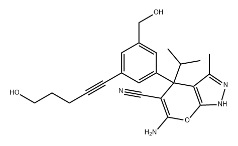 Pyrano[2,3-c]pyrazole-5-carbonitrile, 6-amino-1,4-dihydro-4-[3-(hydroxymethyl)-5-(5-hydroxy-1-pentyn-1-yl)phenyl]-3-methyl-4-(1-methylethyl)- Structure