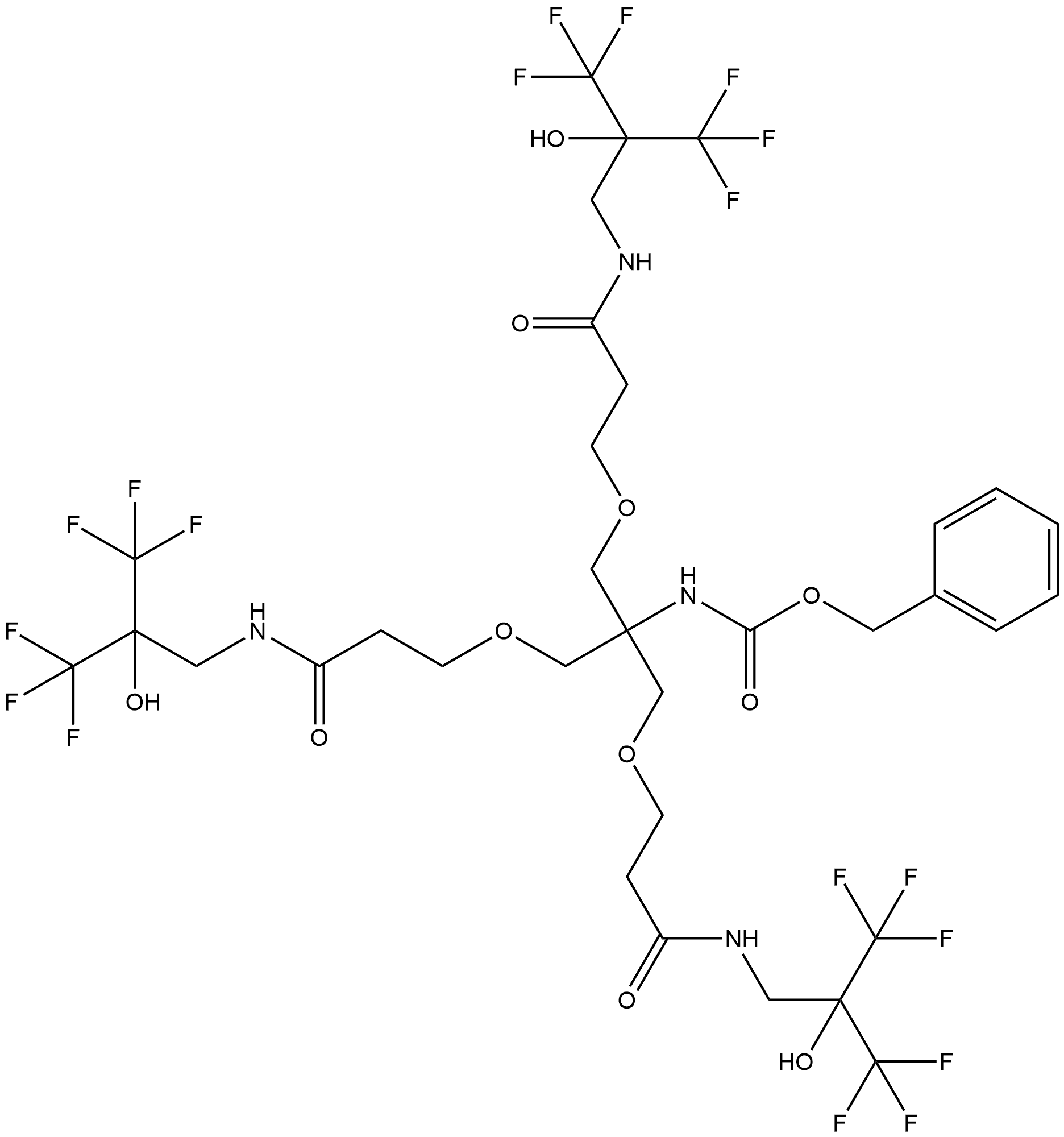 2-[3-oxo-3-[[3,3,3-trifluoro-2-hydroxy-2-(trifluoromethyl)propyl]amino]propoxy]-1,1-bis[[3-oxo-3-[[3,3,3-trifluoro-2-hydroxy-2-(trifluoromethyl)propyl]amino]propoxy]methyl]ethyl]-Carbamic acid phenylmethyl ester 구조식 이미지