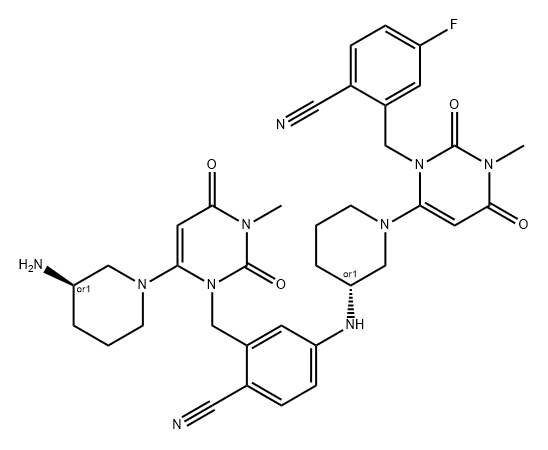 Benzonitrile, 2-[[6-[(3R)-3-amino-1-piperidinyl]-3,4-dihydro-3-methyl-2,4-dioxo-1(2H)-pyrimidinyl]methyl]-4-[[(3R)-1-[3-[(2-cyano-5-fluorophenyl)methyl]-1,2,3,6-tetrahydro-1-methyl-2,6-dioxo-4-pyrimidinyl]-3-piperidinyl]amino]-, rel- Structure
