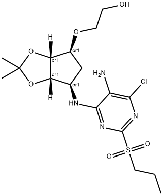 Ethanol, 2-[[(3aR,4S,6R,6aS)-6-[[5-amino-6-chloro-2-(propylsulfonyl)-4-pyrimidinyl]amino]tetrahydro-2,2-dimethyl-4H-cyclopenta-1,3-dioxol-4-yl]oxy]-, rel- 구조식 이미지