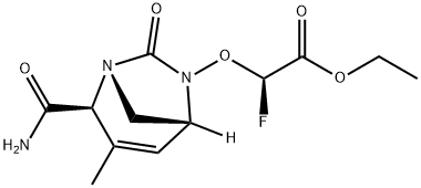 Acetic acid, 2-[[(1R,2S,5R)-2-(aminocarbonyl)-
3-methyl-7-oxo-1,6-diazabicyclo[3.2.1]oct-3-
en-6-yl]oxy]-2-fluoro-, ethyl ester, (2R)- Structure