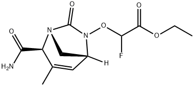 Acetic acid, 2-[[(1R,2S,5R)-2-(aminocarbonyl)-
3-methyl-7-oxo-1,6-diazabicyclo[3.2.1]oct-3-
en-6-yl]oxy]-2-fluoro-, ethyl ester Structure