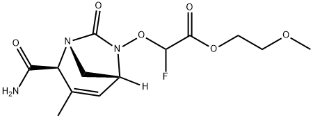 Acetic acid, 2-[[(1R,2S,5R)-2-(aminocarbonyl)-
3-methyl-7-oxo-1,6-diazabicyclo[3.2.1]oct-3-
en-6-yl]oxy]-2-fluoro-, 2-methoxyethyl ester Structure