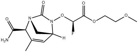 Acetic acid, 2-[[(1R,2S,5R)-2-(aminocarbonyl)-
3-methyl-7-oxo-1,6-diazabicyclo[3.2.1]oct-3-
en-6-yl]oxy]-2-fluoro-, 2-methoxyethyl ester,
(2R)- Structure