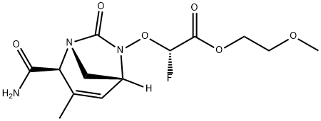 Acetic acid, 2-[[(1R,2S,5R)-2-(aminocarbonyl)-
3-methyl-7-oxo-1,6-diazabicyclo[3.2.1]oct-3-
en-6-yl]oxy]-2-fluoro-, 2-methoxyethyl ester,
(2S)- Structure