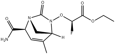 Acetic acid, 2-[[(1R,2S,5R)-2-(aminocarbonyl)-
4-methyl-7-oxo-1,6-diazabicyclo[3.2.1]oct-3-
en-6-yl]oxy]-2-fluoro-, ethyl ester, (2R)- Structure