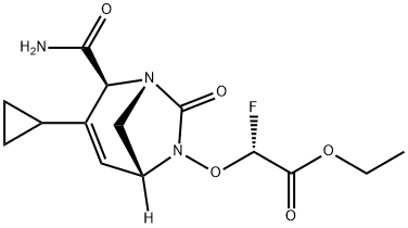 Acetic acid, 2-[[(1R,2S,5R)-2-(aminocarbonyl)-
3-cyclopropyl-7-oxo-1,6-diazabicyclo[3.2.1]
oct-3-en-6-yl]oxy]-2-fluoro-, ethyl ester, (2R)- Structure