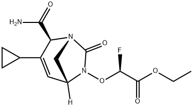 Acetic acid, 2-[[(1R,2S,5R)-2-(aminocarbonyl)-
3-cyclopropyl-7-oxo-1,6-diazabicyclo[3.2.1]
oct-3-en-6-yl]oxy]-2-fluoro-, ethyl ester, (2S)- Structure