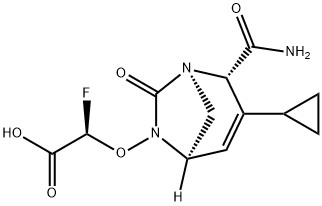 Acetic acid, 2-[[(1R,2S,5R)-2-(aminocarbonyl)-
3-cyclopropyl-7-oxo-1,6-diazabicyclo[3.2.1]
oct-3-en-6-yl]oxy]-2-fluoro-, (2R)- Structure