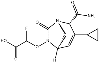 Acetic acid, 2-[[(1R,2S,5R)-2-(aminocarbonyl)-
3-cyclopropyl-7-oxo-1,6-diazabicyclo[3.2.1]
oct-3-en-6-yl]oxy]-2-fluoro- Structure