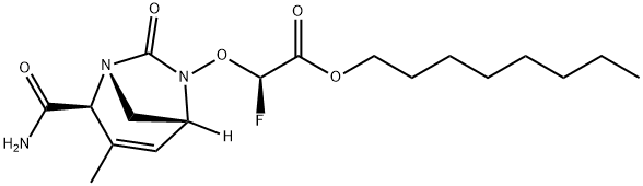 Acetic acid, 2-[[(1R,2S,5R)-2-(aminocarbonyl)-
3-methyl-7-oxo-1,6-diazabicyclo[3.2.1]oct-3-
en-6-yl]oxy]-2-fluoro-, octyl ester, (2R)- Structure