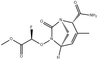 Acetic acid, 2-[[(1R,2S,5R)-2-(aminocarbonyl)-
3-methyl-7-oxo-1,6-diazabicyclo[3.2.1]oct-3-
en-6-yl]oxy]-2-fluoro-, methyl ester, (2R)- Structure