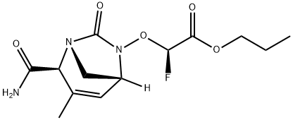 Acetic acid, 2-[[(1R,2S,5R)-2-(aminocarbonyl)-
3-methyl-7-oxo-1,6-diazabicyclo[3.2.1]oct-3-
en-6-yl]oxy]-2-fluoro-, propyl ester, (2R)- Structure