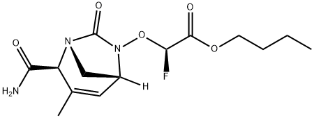 Acetic acid, 2-[[(1R,2S,5R)-2-(aminocarbonyl)-
3-methyl-7-oxo-1,6-diazabicyclo[3.2.1]oct-3-
en-6-yl]oxy]-2-fluoro-, butyl ester, (2R)- Structure