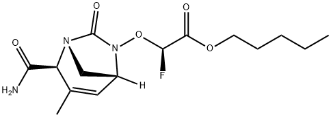 Acetic acid, 2-[[(1R,2S,5R)-2-(aminocarbonyl)-
3-methyl-7-oxo-1,6-diazabicyclo[3.2.1]oct-3-
en-6-yl]oxy]-2-fluoro-, pentyl ester, (2R)- Structure