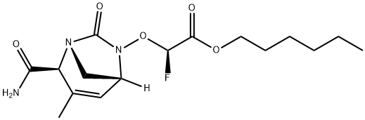 Acetic acid, 2-[[(1R,2S,5R)-2-(aminocarbonyl)-
3-methyl-7-oxo-1,6-diazabicyclo[3.2.1]oct-3-
en-6-yl]oxy]-2-fluoro-, hexyl ester, (2R)- Structure