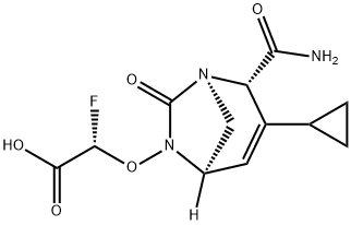 Acetic acid, 2-[[(1R,2S,5R)-2-(aminocarbonyl)-
3-cyclopropyl-7-oxo-1,6-diazabicyclo[3.2.1]
oct-3-en-6-yl]oxy]-2-fluoro-, (2S)- Structure