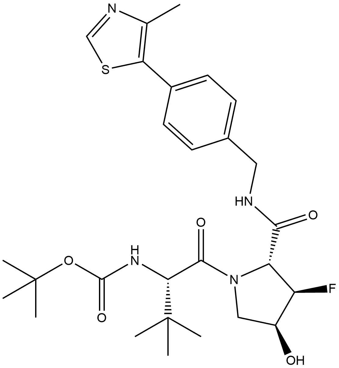 tert-butyl ((S)-1-((2R,3R,4S)-3-fluoro-4-hydroxy-2-((4-(4-methylthiazol-5-yl)benzyl)carbamoyl)pyrrolidin-1-yl)-3,3-dimethyl-1-oxobutan-2-yl)carbamate Structure