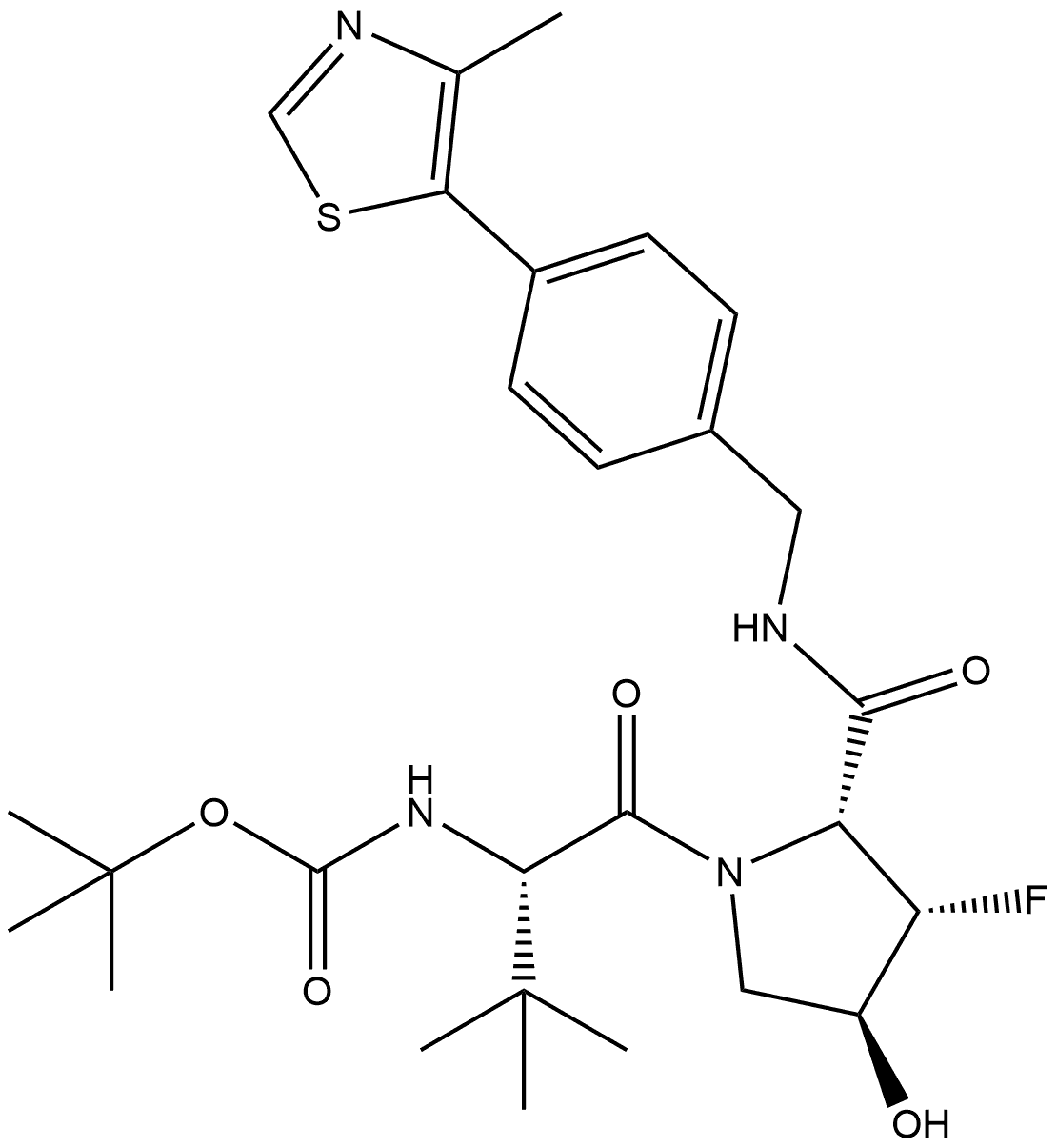 tert-butyl ((S)-1-((2R,3S,4S)-3-fluoro-4-hydroxy-2-((4-(4-methylthiazol-5-yl)benzyl)carbamoyl)pyrrolidin-1-yl)-3,3-dimethyl-1-oxobutan-2-yl)carbamate Structure