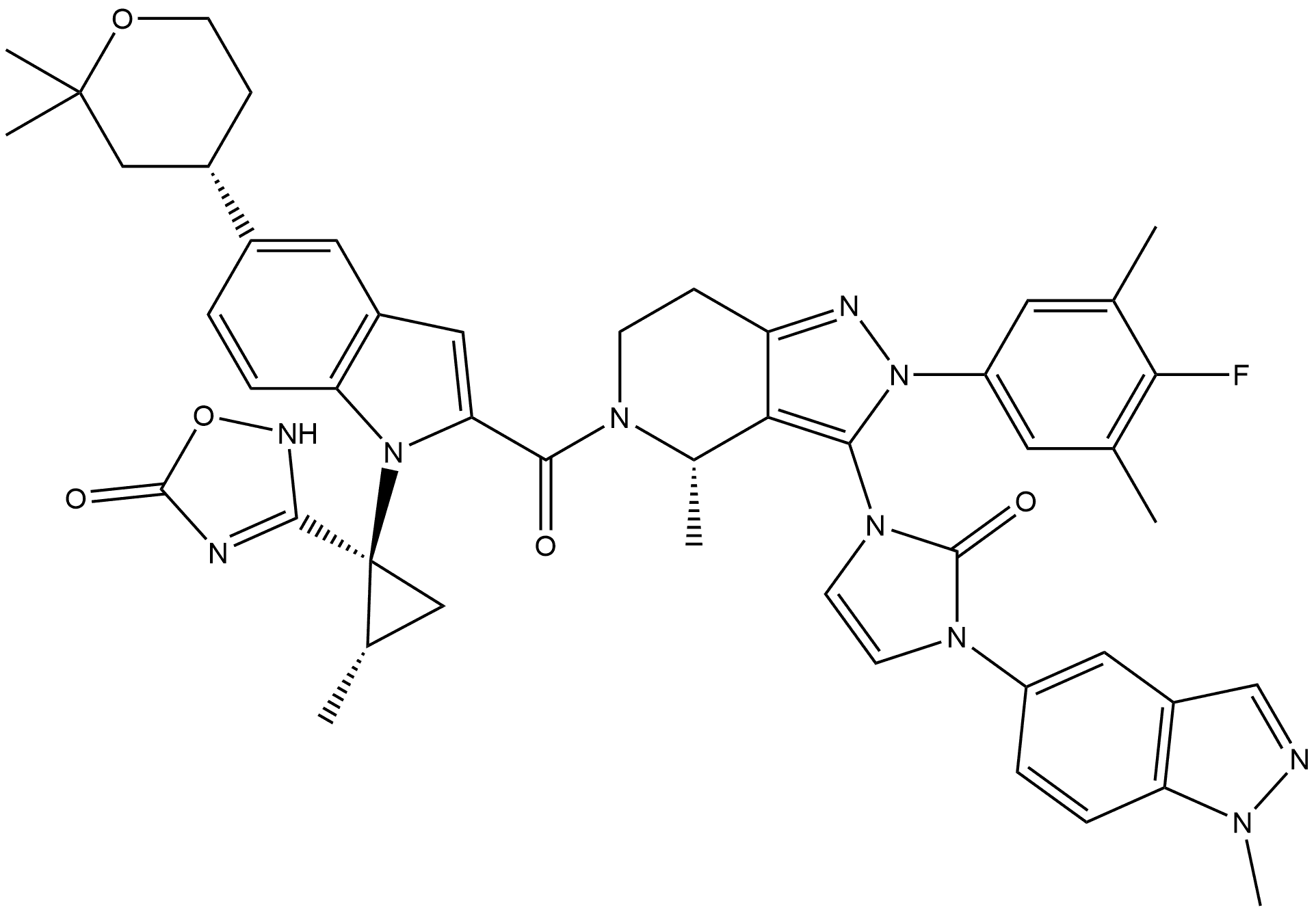 3-[(1S,2S)-1-[2-[[(4S)-3-[2,3-Dihydro-3-(1-methyl-1H-indazol-5-yl)-2-oxo-1H-imidazol-1-yl]-2-(4-fluoro-3,5-dimethylphenyl)-2,4,6,7-tetrahydro-4-methyl-5H-pyrazolo[4,3-c]pyridin-5-yl]carbonyl]-5-[(4S)-tetrahydro-2,2-dimethyl-2H-pyran-4-yl]-1H-indol-1-yl]-2-methylcyclopropyl]-1,2,4-oxadiazol-5(2H)-one 구조식 이미지