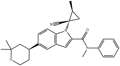 1H-Indole-2-carboxamide, 1-[(1S,2S)-1-cyano-2-methylcyclopropyl]-N-methyl-N-phenyl-5-[(4S)-tetrahydro-2,2-dimethyl-2H-pyran-4-yl]- 구조식 이미지