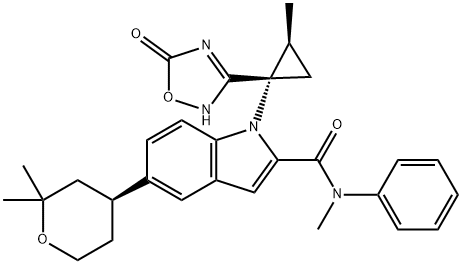 1H-Indole-2-carboxamide, 1-[(1S,2S)-1-(2,5-dihydro-5-oxo-1,2,4-oxadiazol-3-yl)-2-methylcyclopropyl]-N-methyl-N-phenyl-5-[(4S)-tetrahydro-2,2-dimethyl-2H-pyran-4-yl]- 구조식 이미지