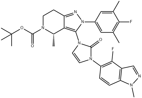 5H-Pyrazolo[4,3-c]pyridine-5-carboxylic acid, 2-(4-fluoro-3,5-dimethylphenyl)-3-[3-(4-fluoro-1-methyl-1H-indazol-5-yl)-2,3-dihydro-2-oxo-1H-imidazol-1-yl]-2,4,6,7-tetrahydro-4-methyl-, 1,1-dimethylethyl ester, (4S)- Structure