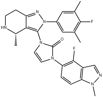 2H-Imidazol-2-one, 1-[(4S)-2-(4-fluoro-3,5-dimethylphenyl)-4,5,6,7-tetrahydro-4-methyl-2H-pyrazolo[4,3-c]pyridin-3-yl]-3-(4-fluoro-1-methyl-1H-indazol-5-yl)-1,3-dihydro- 구조식 이미지